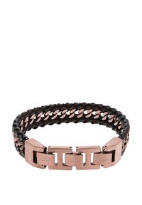 Pulsera de cuero trenzado negro con acentos de metal en oro rosa, que presenta eslabones de cadena entrelazados y un cierre grabado con el diseño "JOOP!".