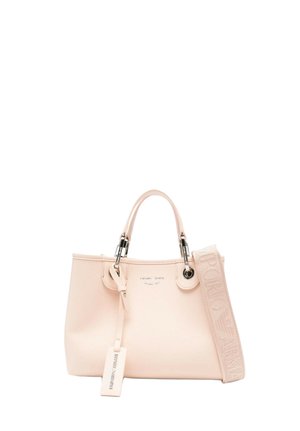 Blush roze leren handtas met dubbele bovenhandgrepen, afneembare brede band met reliëf van "Emporio Armani" en een hanger met merklabel.