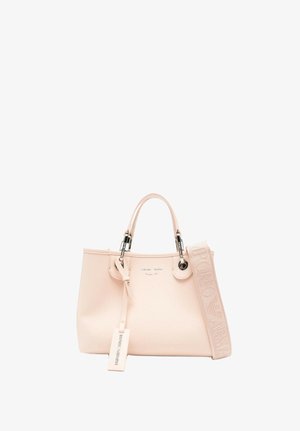 Blush roze leren handtas met dubbele bovenhandgrepen, afneembare brede band met reliëf van "Emporio Armani" en een hanger met merklabel.