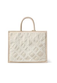 Beige nepbont schoudertas met een gegarneerde textuur aan de voorkant, gladde leren zijkanten en twee stevige handvatten aan de bovenkant. Compact en gestructureerd ontwerp.