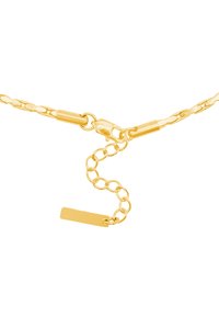 Gouden ketting met verlengde schakels, een kreeftsluiting en een getextureerd, rechthoekig label bij de sluiting voor personalisatie.