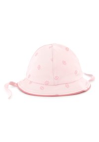 Chapeau seau rose en coton doux, avec un motif de logo discret, des lanières réglables et un large bord pour une protection contre le soleil.