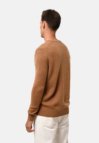 Braun gestrickter Pullover mit Rundhalsausschnitt, langen Ärmeln und gerippten Bündchen. Weiche Textur und lockere Passform, getragen über hellen Hosen.