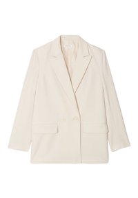 Beige dobbeltradet blazer med lange ærmer, snorelapper, to forlommer og lyse knapper. Glat stoftekstur.