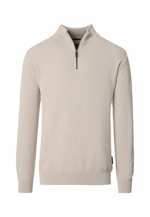 Beige strikket sweater med lange ærmer og en stand-up krave med halv lynlås, fremstillet i et tekstureret stof med ribstrikkede manchetter og kant.
