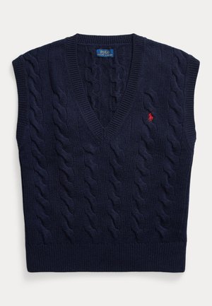 Granatowa, bezrękawnikowa kamizelka wykonana z wełny o wzorze splotu z dekoltem w serek i czerwonym, wyszywanym logo Polo Ralph Lauren na piersi.