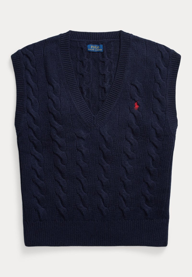 Gilet sans manches en laine bleu marine à torsades avec col en V et logo Polo Ralph Lauren rouge brodé sur la poitrine.