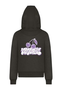 Felpa nera con cappuccio, caratterizzata da un grande design in stile graffiti viola con ciliegie e testo stilizzato sul retro. Realizzata in tessuto morbido.