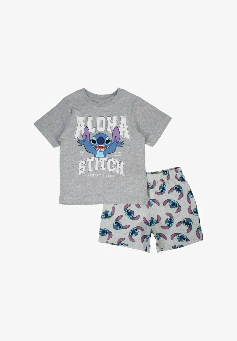 T-shirt gris à manches courtes arborant un graphique coloré de Stitch avec le texte "ALOHA", associé à un short gris orné d'un motif Stitch.