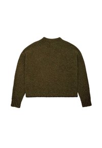 Dark olive green knit sweater with long sleeves, ribbed cuffs, and a short, straight hem, shown from the back on a white background.