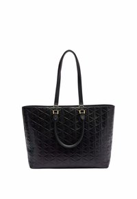 Sac fourre-tout matelassé noir avec motif en losanges, doté de poignées doubles et d'accents en matériel doré. Texture lisse et forme rectangulaire.