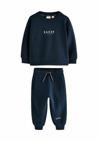 Navyblaues Sweatshirt- und Hosen-Set aus weichem Stoff. Das Sweatshirt hat gerippte Bündchen und das "BAKER"-Logo; die Hose mit Kordelzug und Taschen.