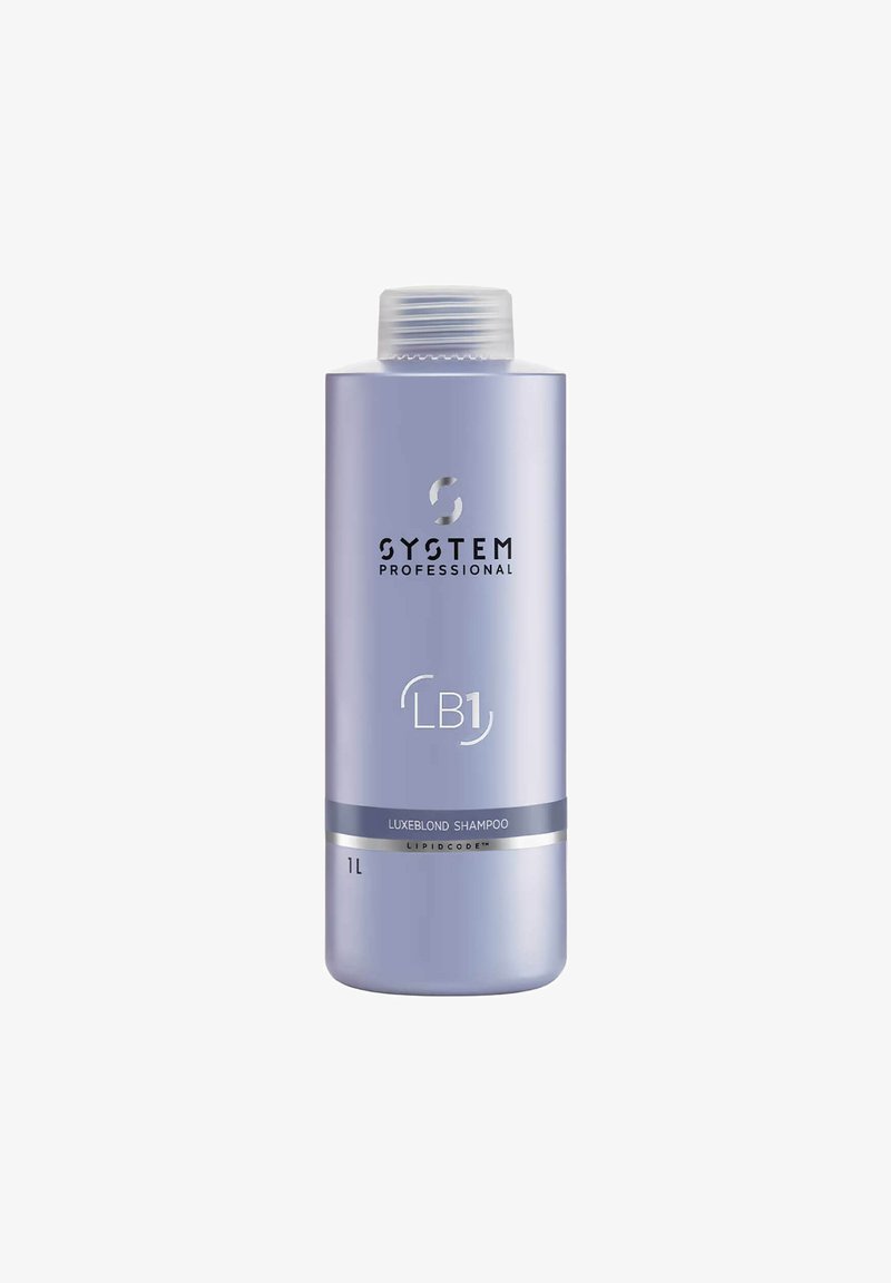 Bottiglia di plastica viola di Shampoo System Professional LB1 Luxeblond, 1L, con banda orizzontale argento e tappo a vite trasparente.