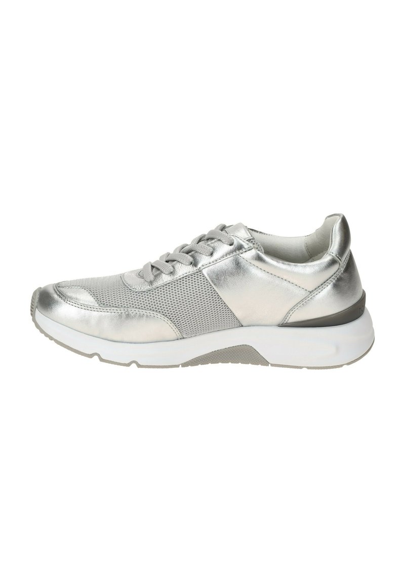 Silver athletic shoe featuring metallic leather and mesh panels, round toe, sturdy white sole, and flat laces. Side view displayed.