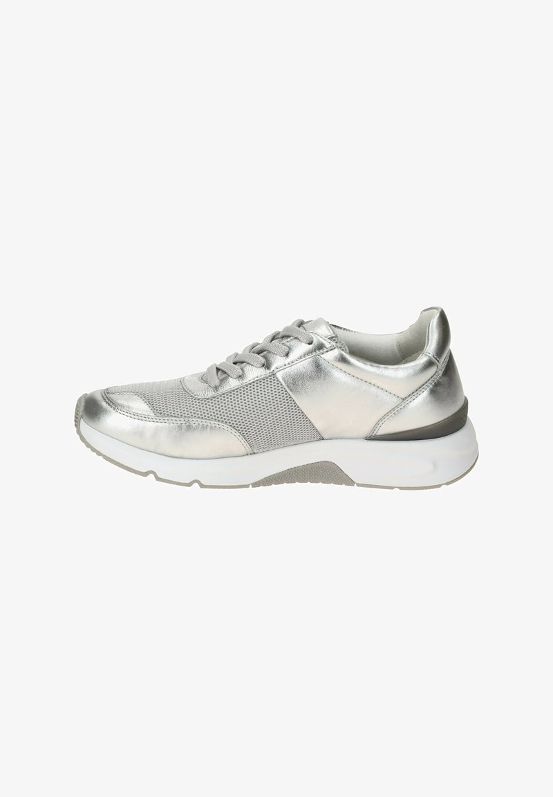 Silver athletic shoe featuring metallic leather and mesh panels, round toe, sturdy white sole, and flat laces. Side view displayed.