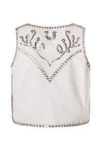 Bijela bez rukava majica s dekorativnim aplikacijama od sjajnih dugmića u cvjetnom uzorku duž dekoltea i rubova. Glatka tekstura, ležeran dizajn.