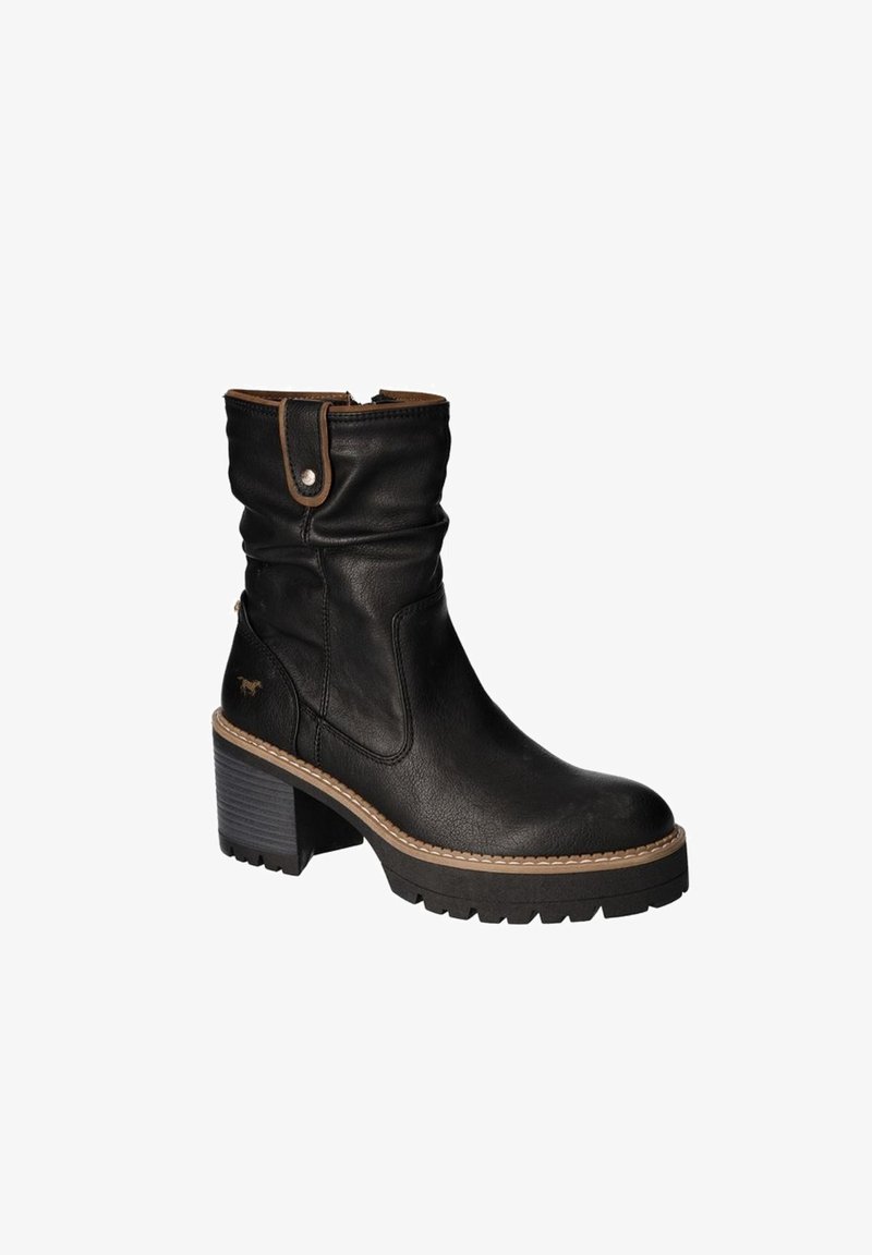 Botte en cuir noire mi-mollet avec talon épais empilé, couture beige le long de la semelle et fermeture éclair latérale avec sangle à bouton-pression en haut.