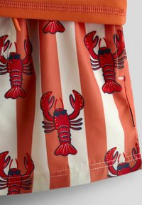 Shorts med lodrette orange og hvide striber, med et mønster af gentagne røde hummere iført sorte solbriller.