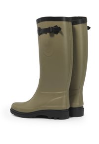Stivali in gomma color khaki, alti fino al ginocchio, con una superficie testurizzata, bordo nero nella parte superiore e una fibbia decorativa su ciascun lato.