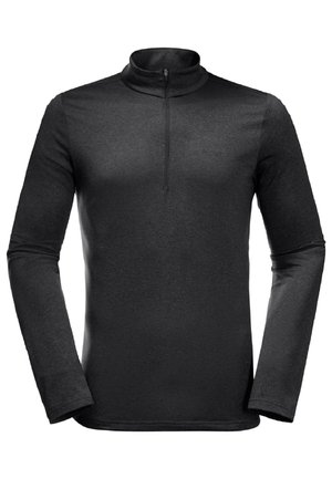 Zwarte langsljieke kwart-rits top van gladde stof, met een hoge kraag en vlakke naden, en een logo op de voorkant.