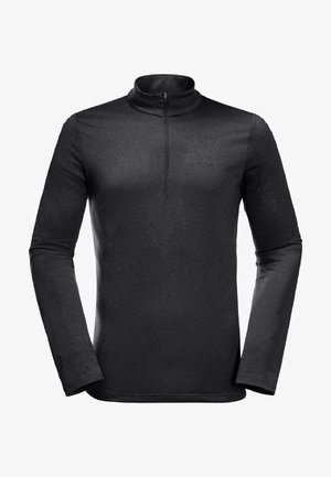 Zwarte langsljieke kwart-rits top van gladde stof, met een hoge kraag en vlakke naden, en een logo op de voorkant.