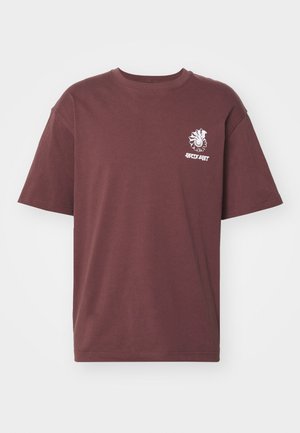 Maroon short-sleeve T-shirt with a small white sun and face graphic and text on the left chest area.