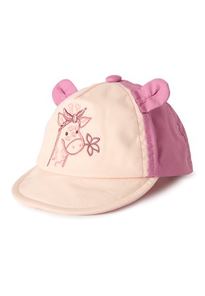 Gorra para niño pequeño en rosa y beige con una jirafa bordada sosteniendo una flor y dos pequeñas orejas de tela en la parte superior.