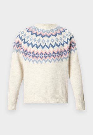 Cream sweater with a round neckline and long sleeves, featuring a colored pattern of blue, pink, and white geometric designs. Ribbed cuffs and hem.