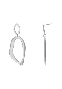 Orecchini a goccia in argento con forme astratte e organiche. Superficie testurizzata, forma allungata e accenti circolari. Attacco sul retro in stile a graffetta.