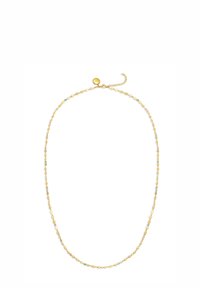 Collana dorata con piccole perline pastello di forme varie, dotata di chiusura a molla e catena regolabile per personalizzare la lunghezza.