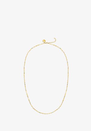 Collar de tono dorado con pequeñas cuentas en tonos pasteles de diversas formas, que presenta un cierre de langosta y una cadena ajustable para personalizar la longitud.