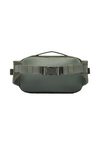 Marsupio retinato verde con una texture liscia, dotato di una fibbia centrale, spallacci regolabili e una maniglia per il trasporto sulla parte superiore.