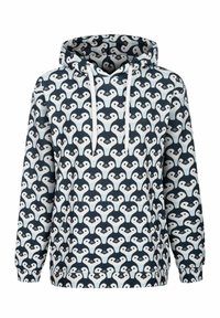 Hooded sweatshirt featuring a repeating pattern of stylized faces in black and white on a navy background. Made of soft fabric with a front pocket.