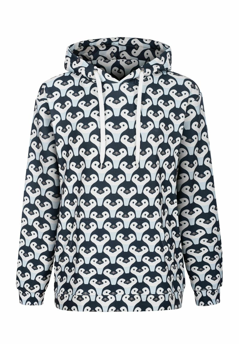 Hooded sweatshirt featuring a repeating pattern of stylized faces in black and white on a navy background. Made of soft fabric with a front pocket.