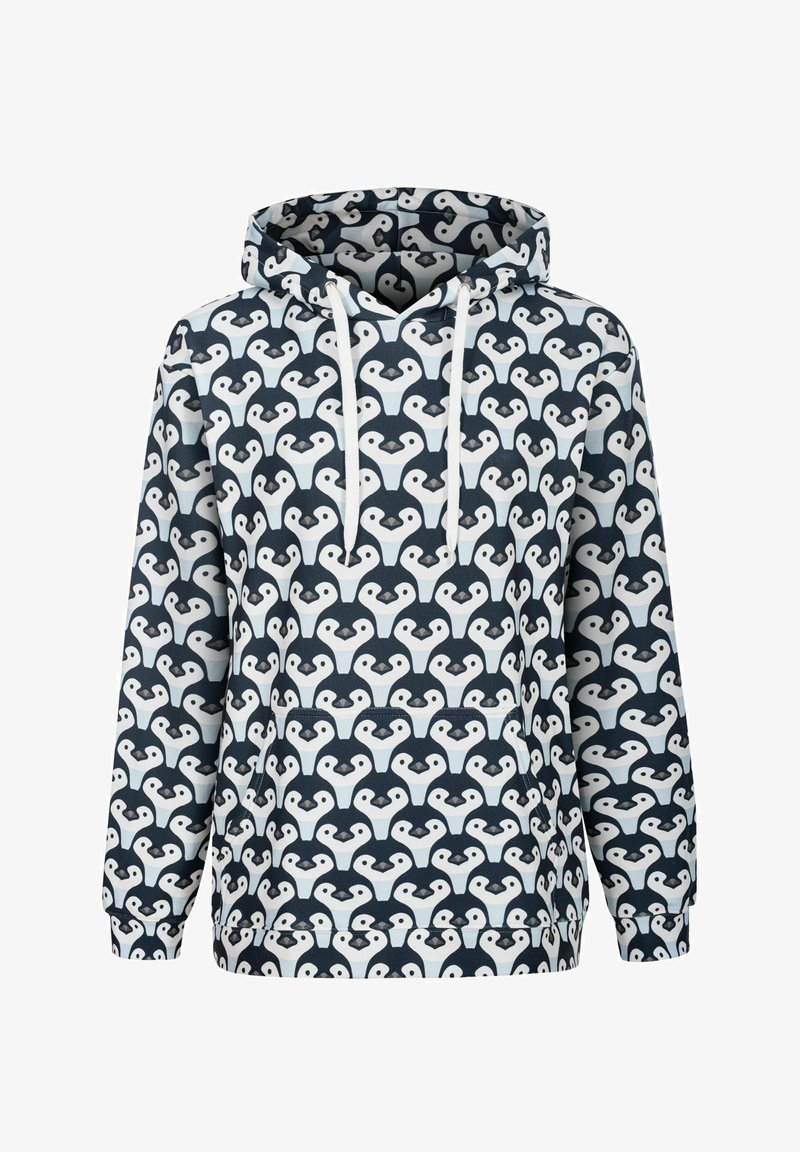 Hooded sweatshirt ar atkārtotu stilizētu seju rakstu melnbaltā krāsā uz tumši zila fona. Izgatavots no mīksta auduma ar priekšējo kabatu.