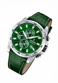 Orologio cronografo Festina con cinturino in pelle verde e cassa in acciaio inossidabile argentato. Presenta un quadrante verde con tre sottodial e display della data.