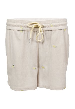 Shorts en velours côtelé beige avec broderie de citrons jaunes et cordon jaune à la taille élastique.