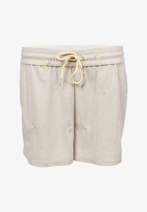 Pantalones cortos beige de pana con bordado de limones amarillos y cordón amarillo en la cintura elástica.