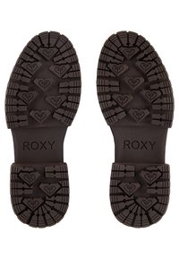 Black rubber shoe soles with deep treads for traction, featuring a heart pattern and “ROXY” embossed near the heel area.