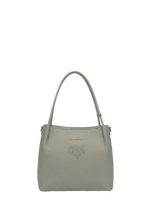 Borsa a mano in pelle grigia con due manici, logo dorato del marchio e design traforato a forma di cuore e lettere sul davanti.