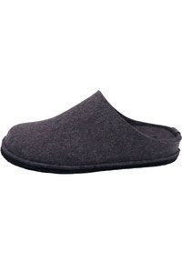 Gray felt slipper with a soft texture, open back design, rounded toe, and black rubber sole for grip and durability.