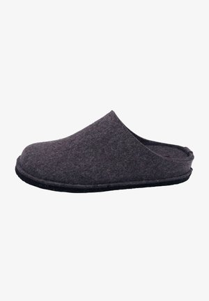 Gray felt slipper with a soft texture, open back design, rounded toe, and black rubber sole for grip and durability.