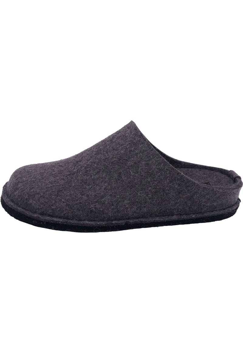 Gray felt slipper with a soft texture, open back design, rounded toe, and black rubber sole for grip and durability.