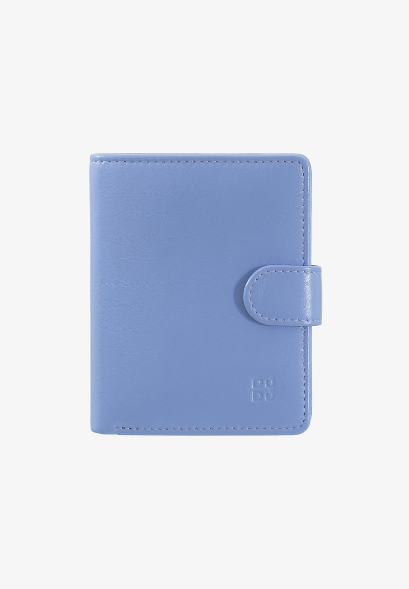 Light blue leather wallet with a smooth texture, square shape, and a rounded snap closure. Features embossed logo detail.