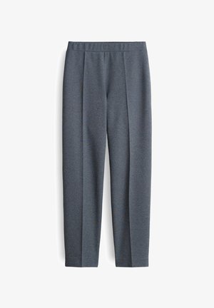 Pantalons gris en tissu texturé, avec une coupe décontractée, des plis à l'avant et une taille élastique pour le confort.