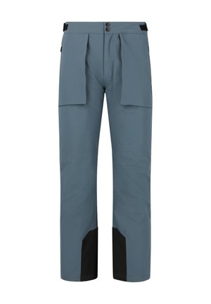 Wasserabweisende, blau-graue Hose mit doppeltem Knopfverschluss, verstellbarem Bund und schwarzen verstärkten Säumen; verfügt über seitliche Taschen und eine gerade Passform.