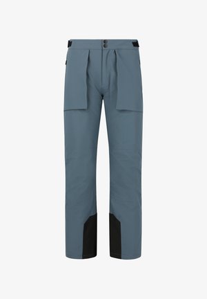 Vandafvisende bukser i blå-grå med dobbelt knaplukning, justerbar talje og sorte forstærkede manchetter; har sidelommer og lige pasform.