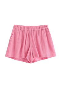 Rosa, strukturerade shorts med elastisk midja och sidofickor, med en avslappnad, lös passform och en mellanhöjdskärning.