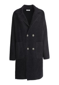 Cappotto di lana scuro con frontale doppiopetto, grandi bottoni argentati, rever a puntale, due tasche frontali e vestibilità rilassata.
