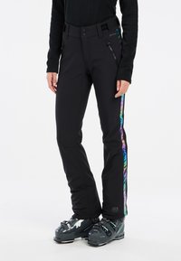 Zwarte skibroek met een slim fit, voorzien van een multicolore iriserende zijpaneel en ritszakken. Gemaakt van een waterproof stof.